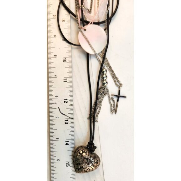 Layered Multistrand Necklace Set With Heart & Floral Pendant Choker to 18" Lengt - Picture 5 of 14